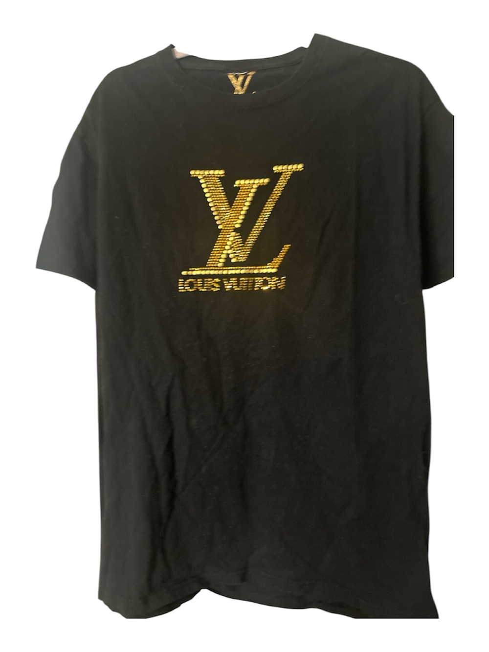 Louis Vuitton Black Short Sleeve Tee with Gold Logo Embellishment medium cotton